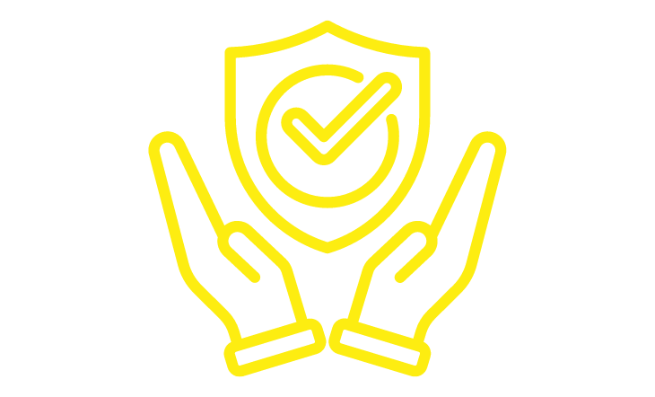 zwei gelbe Hände formen eine Schale, darüber ist eine gelbes Wappen mit einem gelben Haken.