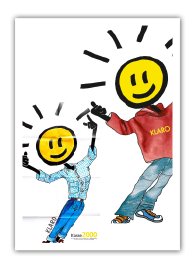 KLARO geht modisch mit der Zeit zwei Abbildungen von KLARO in verschiedenen Outfits: einmal mit Baggy Jeans und rotem Hoodie und einmal mit Skinny Jeans und blauem Karohemd.