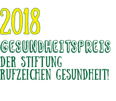 2018: Stiftung Rufzeichen Gesundheit Text-Grafik in gelb-grün: 2018 Gesundheitspreis der Stiftung Rufzeichen Gesundheit