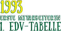 1993 erste Datenverarbeitung Text-Grafik in gelb-grün: 1993 erste Mitarbeiterin und 1. EDV-Tabelle