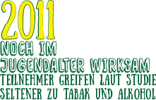 positive Wirkung von Klasse2000 im Jugendalter Textgrafik in gelb-grün: 2011 noch im Jugendalter wirksam Teilnehmer greifen laut Studie seltener zu Tabak und Alkohol.